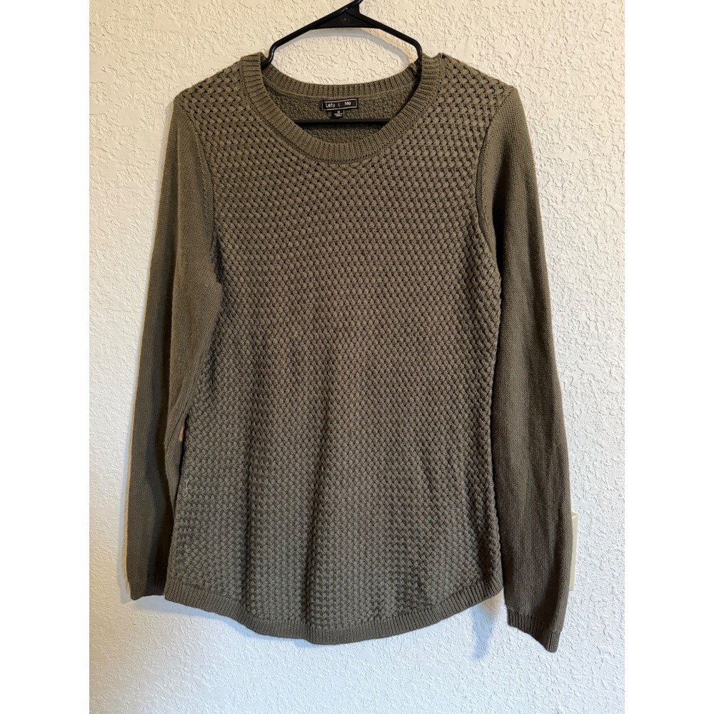 Lety & Me Olive Green Textured Knit Pullover Sweater Elbow Patches Womens Medium